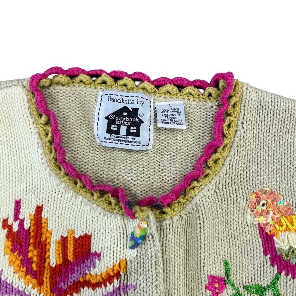 Storybook Knits Beige Parrot Animals flowers Cardigan Sweater Size L - Picture 4 of 5